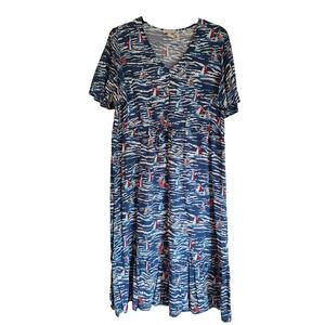 Stitch by Chenault XXL Blue Dress Sailboat Print Tiered Rayon Nautical Coastal